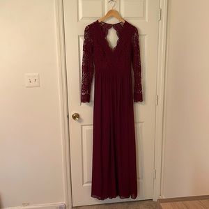 Maroon lace, long sleeve, open back bridesmaid dress.